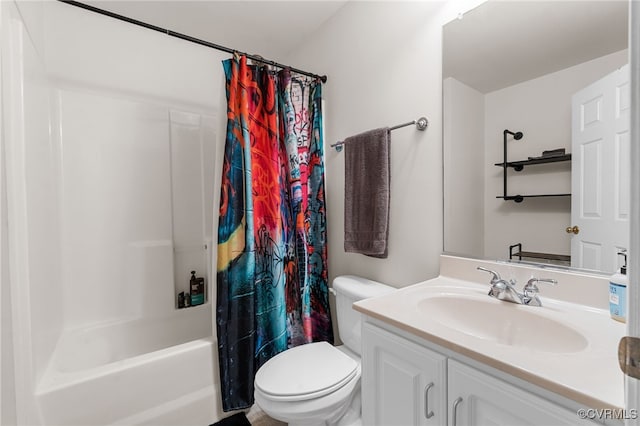 full bath with toilet, shower / bathtub combination with curtain, and vanity