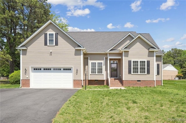 view of front of property with a front yard, driveway, crawl space, and a shingled roof