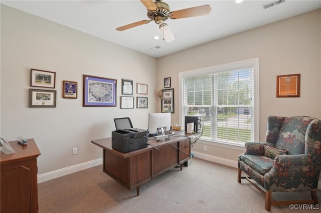 office space with visible vents, light carpet, recessed lighting, and baseboards