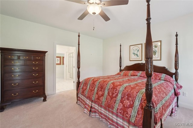 bedroom featuring baseboards, ceiling fan, and light colored carpet