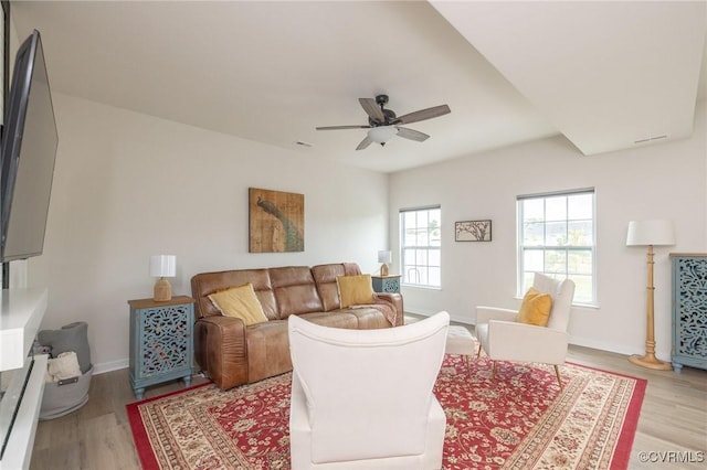 11513 Dunmore Mill Ter Unit 3-4, Chester, VA 23831 - living room featuring baseboards, ceiling fan, and light wood-style flooring