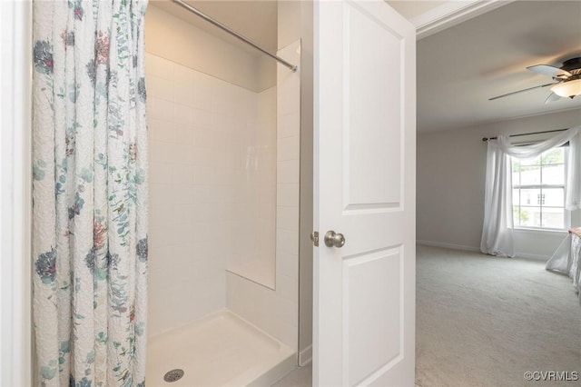 11513 Dunmore Mill Ter Unit 3-4, Chester, VA 23831 - bathroom featuring ceiling fan, a shower stall, and baseboards