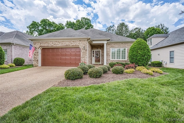 view of front of property with brick siding, a garage, concrete driveway, and a front lawn
