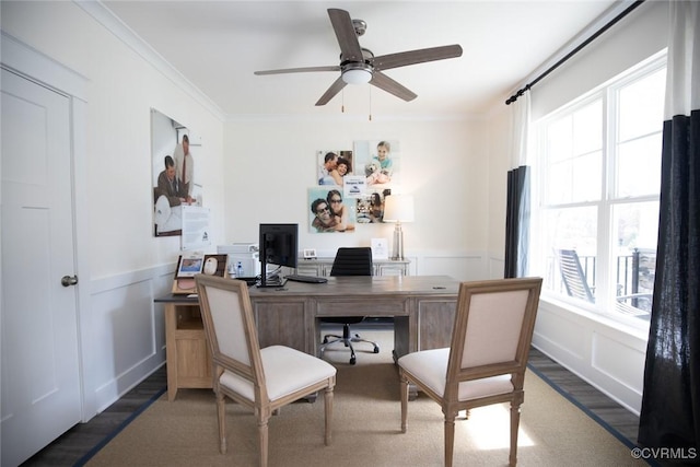 home office with crown molding, a wainscoted wall, ceiling fan, and wood finished floors
