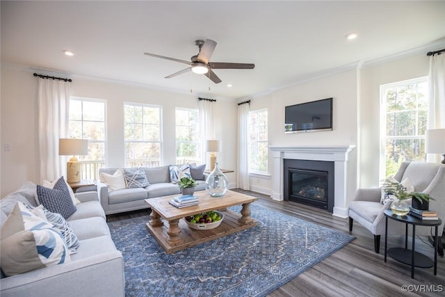 living area with ornamental molding, a healthy amount of sunlight, ceiling fan, and a glass covered fireplace