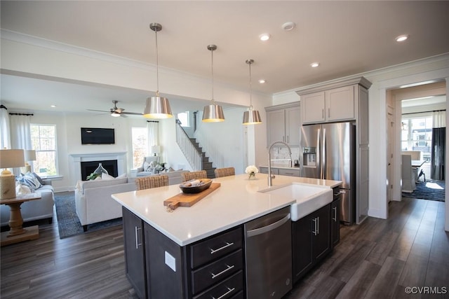 kitchen with a healthy amount of sunlight, stainless steel appliances, light countertops, and a sink