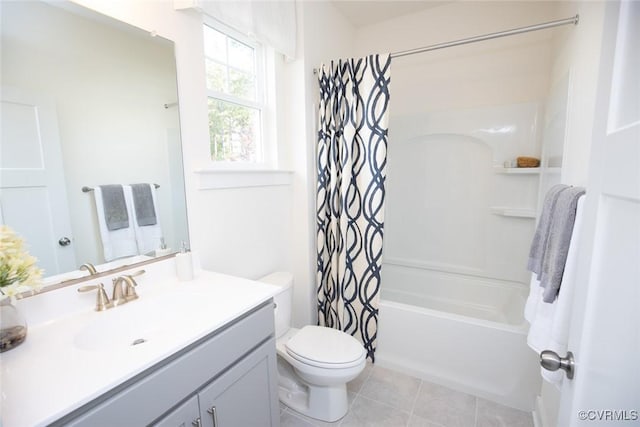full bathroom featuring toilet, vanity, shower / bath combo, and tile patterned floors
