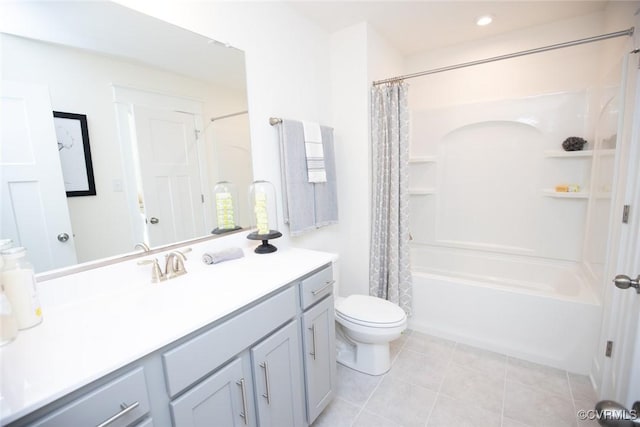 bathroom with shower / tub combo with curtain, toilet, tile patterned flooring, and vanity