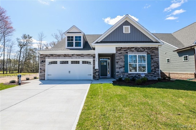 craftsman inspired home with a front yard, a garage, stone siding, board and batten siding, and concrete driveway