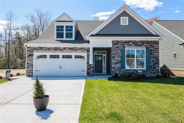craftsman house with driveway, board and batten siding, stone siding, a shingled roof, and a front yard