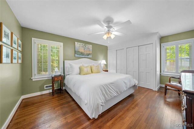 bedroom with baseboards, multiple closets, multiple windows, and hardwood / wood-style flooring