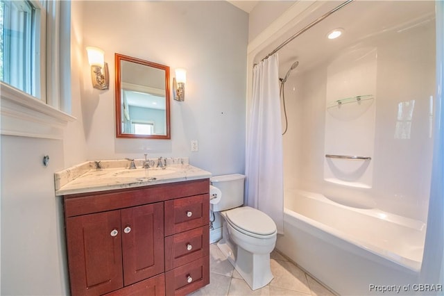 full bathroom featuring tile patterned floors, shower / bathtub combination with curtain, toilet, and vanity