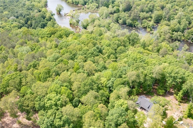 birds eye view of property with a water view and a forest view