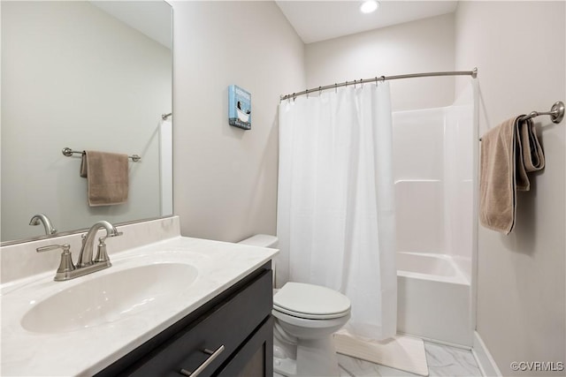 bathroom with vanity, marble finish floor, shower / bath combination with curtain, toilet, and recessed lighting