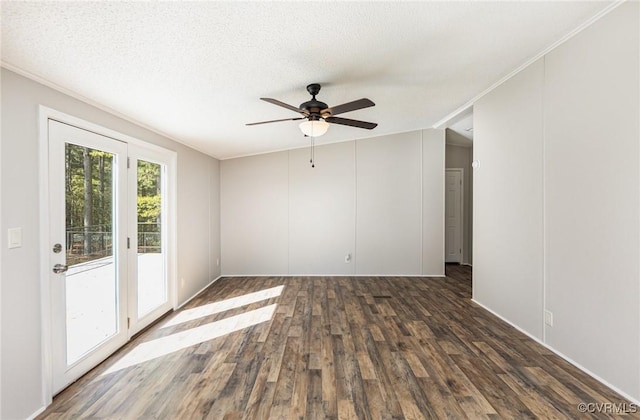 1223 Ullainee Rd, Essex, VA 22436 - spare room featuring dark wood-type flooring, ceiling fan, a textured ceiling, and lofted ceiling
