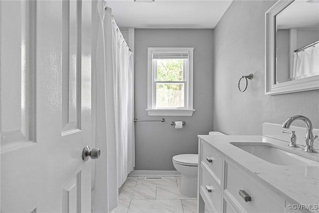 bathroom with visible vents, vanity, baseboards, toilet, and marble finish floor