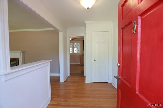 entryway with baseboards, ornamental molding, a ceiling fan, and light wood-style flooring