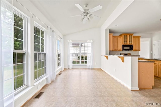 156 Hawk Nest Ct, Richmond, VA 23227 - kitchen featuring black microwave, healthy amount of natural light, a breakfast bar, lofted ceiling, and glass insert cabinets