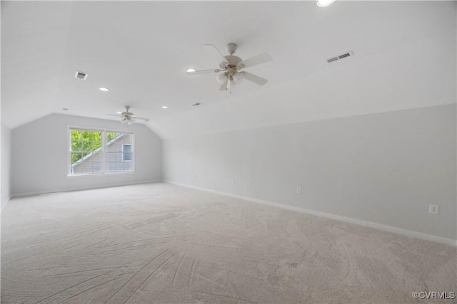 bonus room with ceiling fan, visible vents, and carpet floors