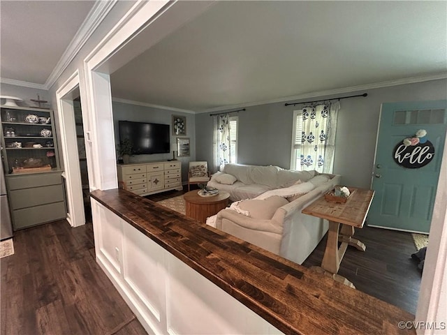 living room featuring ornamental molding and dark wood-type flooring