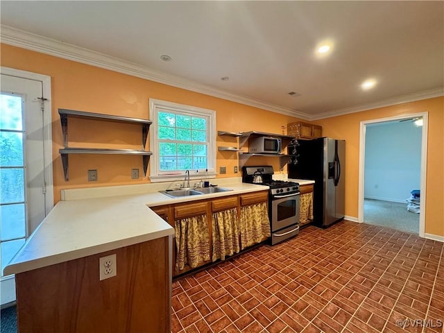 kitchen with open shelves, brick patterned floor, baseboards, a sink, and appliances with stainless steel finishes