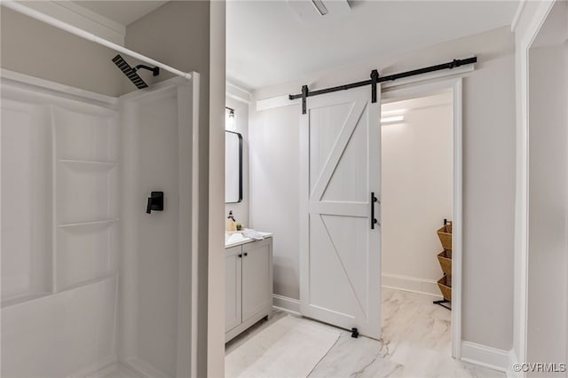 21300 W St, South Chesterfield, VA 23803 - full bathroom featuring a stall shower, vanity, marble finish floor, and baseboards
