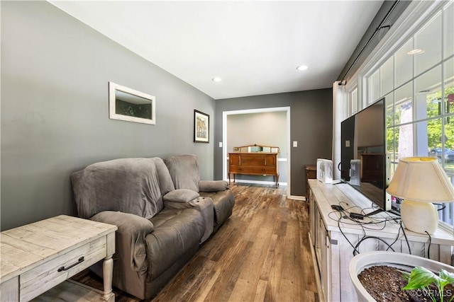 204 Pine St, Jarratt, VA 23867 - living area featuring recessed lighting, baseboards, and dark wood-type flooring