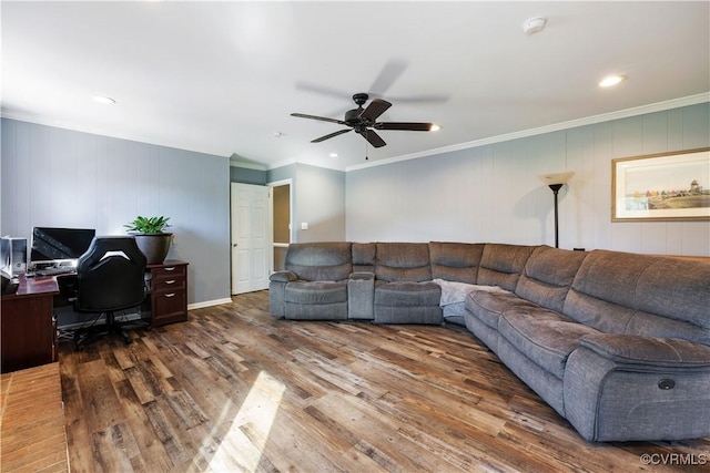 204 Pine St, Jarratt, VA 23867 - living room with ornamental molding, a ceiling fan, recessed lighting, and wood finished floors