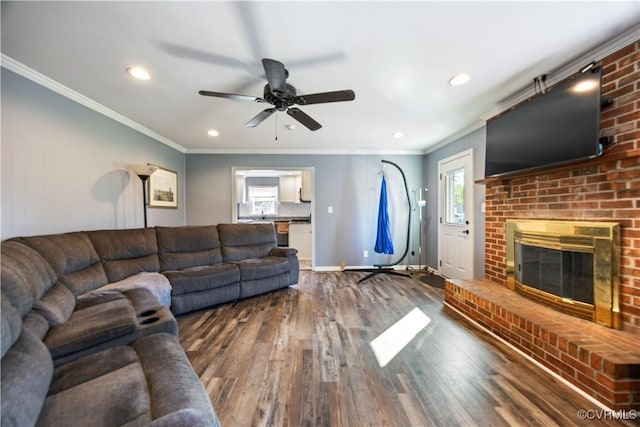 204 Pine St, Jarratt, VA 23867 - living room featuring recessed lighting, a ceiling fan, ornamental molding, and hardwood / wood-style flooring