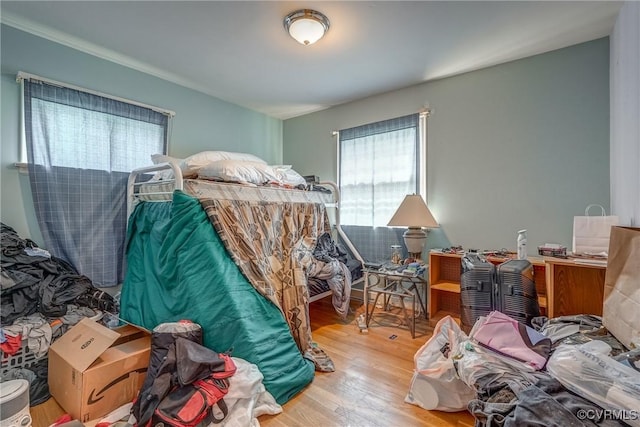 bedroom featuring wood finished floors and multiple windows