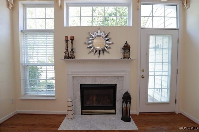 interior details featuring baseboards, a high end fireplace, and wood finished floors