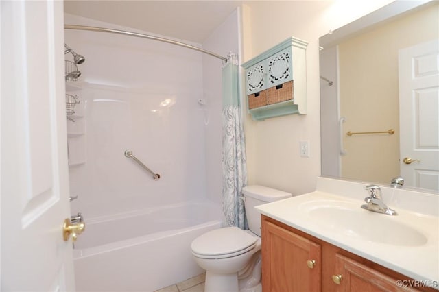 bathroom featuring toilet, shower / bathtub combination with curtain, and vanity