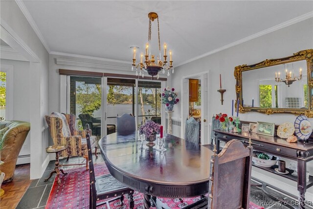 555 Rio Vis, Irvington, VA 22576 - dining space with crown molding and an inviting chandelier