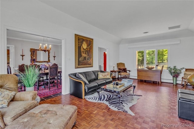555 Rio Vis, Irvington, VA 22576 - living room with a baseboard radiator, a chandelier, and visible vents