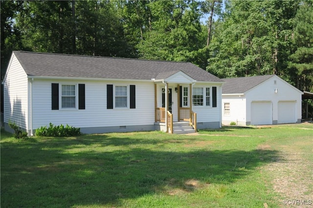 10950 Buttevant Dr, Chesterfield, VA 23803 - ranch-style home with crawl space, an outbuilding, a front yard, and a shingled roof