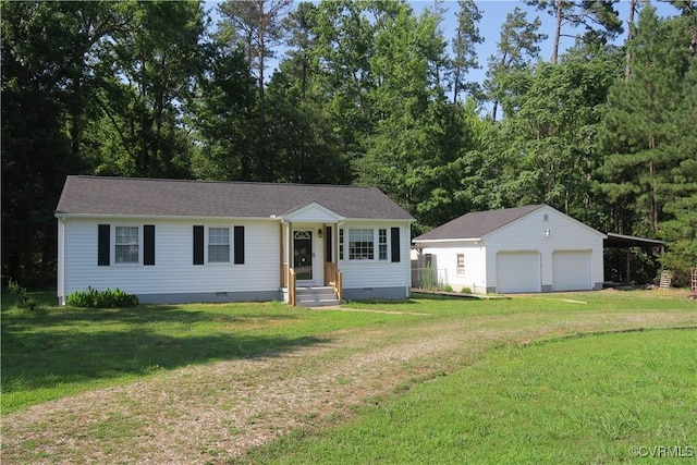 10950 Buttevant Dr, Chesterfield, VA 23803 - view of front of property featuring crawl space, a garage, an outdoor structure, and a front yard