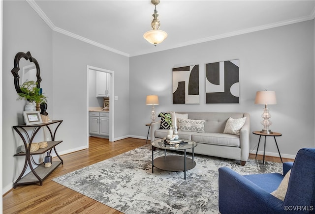 living area featuring crown molding, wood finished floors, and baseboards
