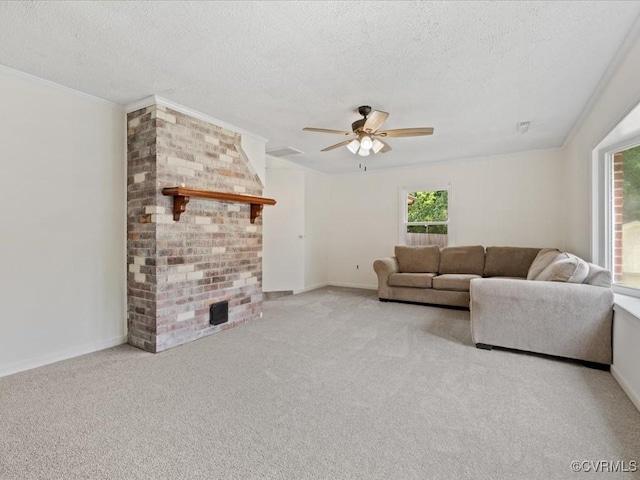 10811 Shady Ln, Charles City, VA 23030 - living room with a textured ceiling, a ceiling fan, baseboards, carpet floors, and ornamental molding