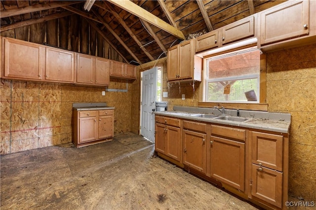 kitchen with vaulted ceiling, light countertops, and a sink