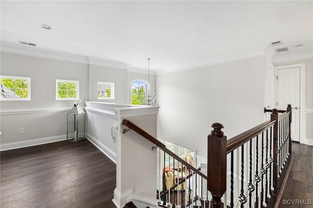 staircase featuring visible vents, wood finished floors, a wealth of natural light, and ornamental molding