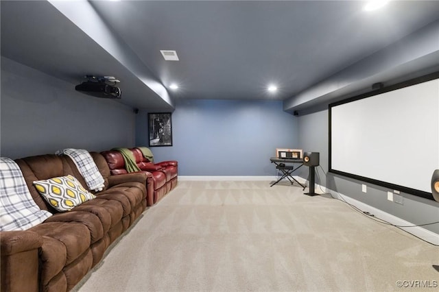 cinema with baseboards, recessed lighting, visible vents, and carpet floors