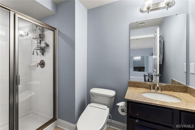 full bathroom with toilet, a stall shower, visible vents, and baseboards