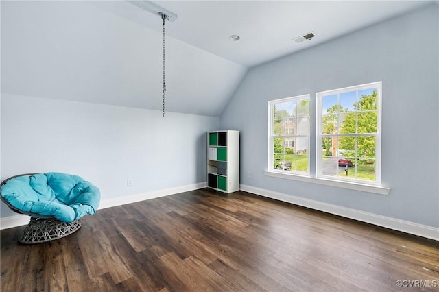 additional living space featuring baseboards, visible vents, wood finished floors, and lofted ceiling