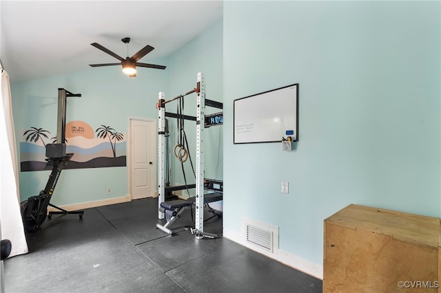 workout area featuring a ceiling fan, baseboards, visible vents, and high vaulted ceiling