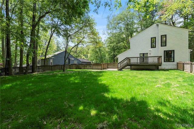 view of yard featuring a fenced backyard and a deck