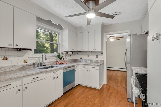 13101 Harrowgate Rd, Chester, VA 23831 - kitchen featuring dishwasher, a sink, baseboard heating, ceiling fan, and stainless steel electric range oven