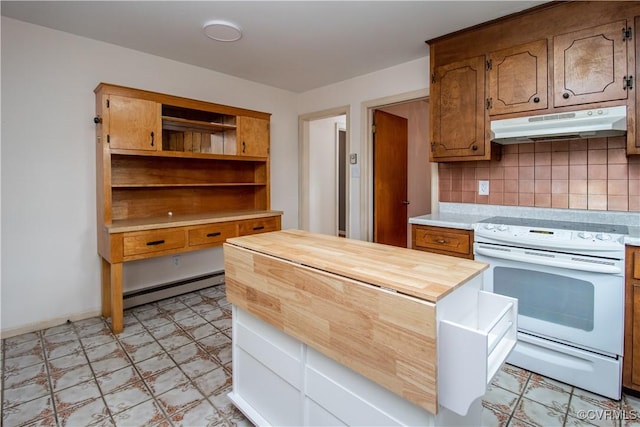 kitchen with white electric range, under cabinet range hood, a baseboard radiator, wood counters, and light flooring