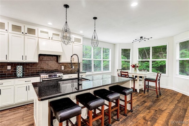 9073 Pine Hill Rd, Mechanicsville, VA 23116 - kitchen with stainless steel stove, dark wood-style flooring, backsplash, custom range hood, and white cabinets