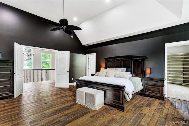 9073 Pine Hill Rd, Mechanicsville, VA 23116 - bedroom with high vaulted ceiling, dark wood-style floors, recessed lighting, and a ceiling fan