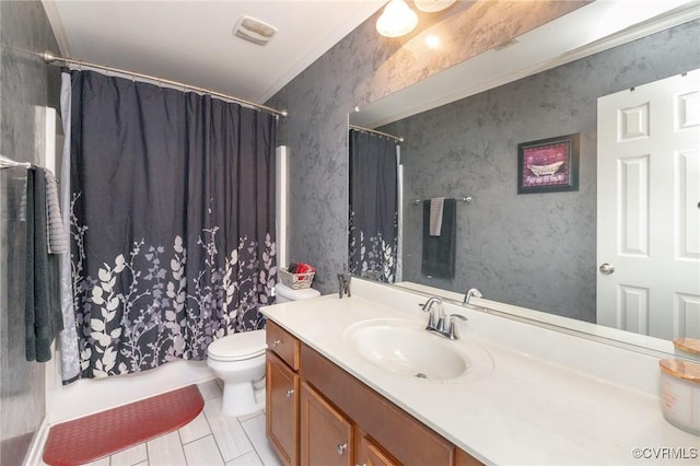 bathroom featuring shower / bath combo, vanity, tile patterned floors, toilet, and visible vents